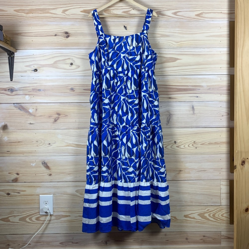 Nine West Maxi Dress Women XXL Blue White Printed Tiered Smocked Peasant Resort